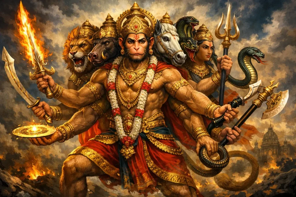 Shri Saptamukha Hanuman Kavacham | श्री सप्तमुख हनुमत् कवचम् PDF 1 Saptamukha Hanuman In battle stance